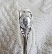 Load image into Gallery viewer, SOLD Antique Baptism Spoon, By Louis Poulain, Silver Virgin Mary Medal Signed  Lassere, Circa 1910