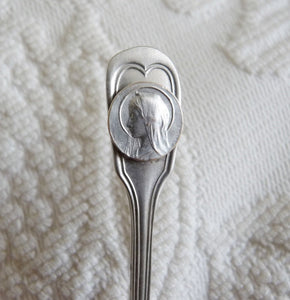 SOLD Antique Baptism Spoon, By Louis Poulain, Silver Virgin Mary Medal Signed  Lassere, Circa 1910