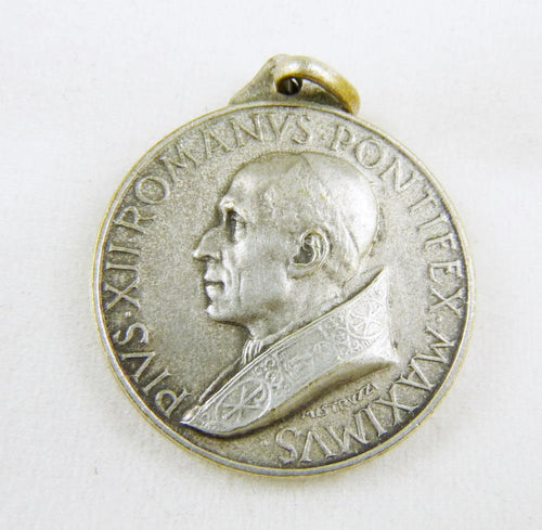SOLD Christian Medal Pope Pious XII, Silver Plated, Circa 1958, With 18 Inch Silver Chain