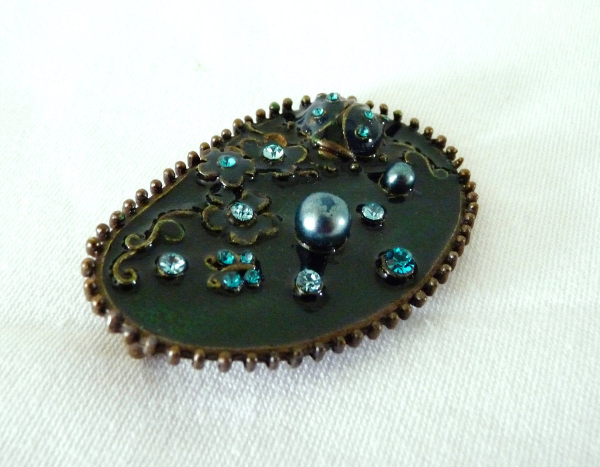 Colgante francés vintage de bronce, esmalte verde y vidrio azul, c. 1920