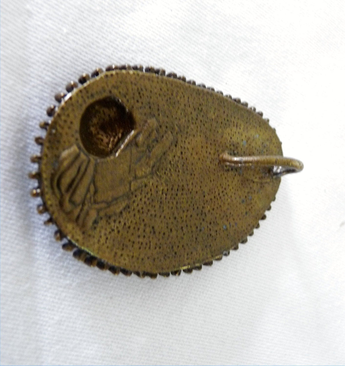 Colgante francés vintage de bronce, esmalte verde y vidrio azul, c. 1920