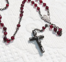 Load image into Gallery viewer, Antique Christian Rosary, French, Hand Cut Garnet Coloured Art Glass Beads,