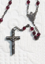 Load image into Gallery viewer, Antique Christian Rosary, French, Hand Cut Garnet Coloured Art Glass Beads,