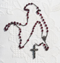Load image into Gallery viewer, Antique Christian Rosary, French, Hand Cut Garnet Coloured Art Glass Beads,