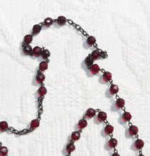 Load image into Gallery viewer, Antique Christian Rosary, French, Hand Cut Garnet Coloured Art Glass Beads,