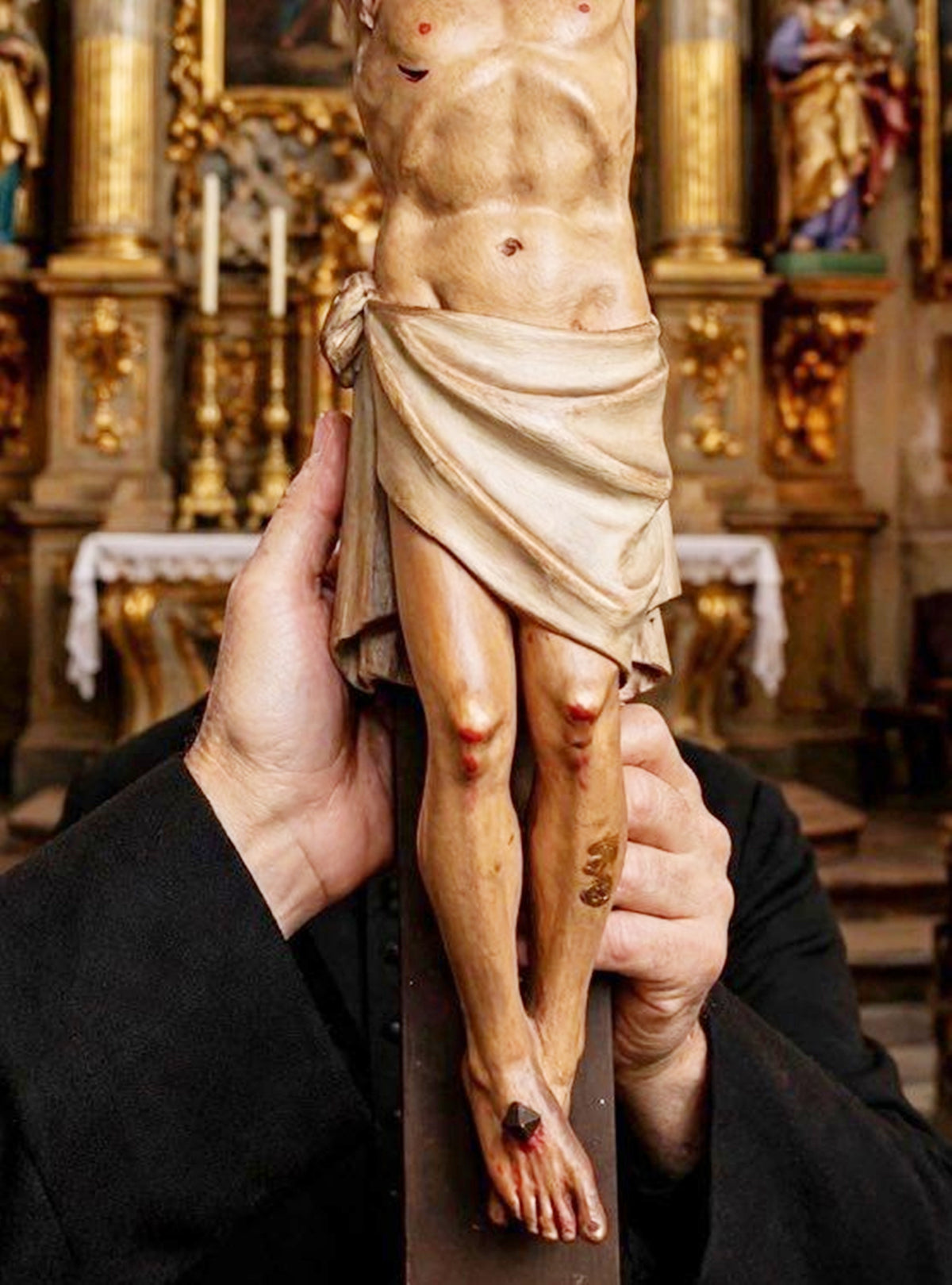 Antique French Church Crucifix, Hand-Carved & Polychromed Christ, 77 × 31 cm, c. 1860