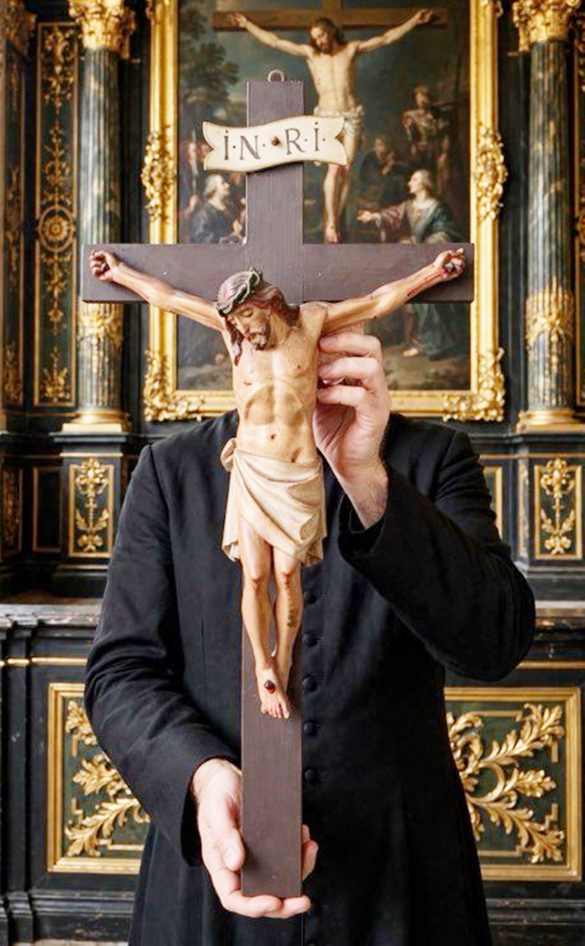 Antique French Church Crucifix, Hand-Carved & Polychromed Christ, 77 × 31 cm, c. 1860