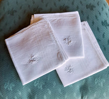 Load image into Gallery viewer, Antique Men's Handkerchiefs, Set of Three from Chateau at Serignac, Very Fine Linen, Mono A.D. Perfect Condition, 46 x 44 Centimetres