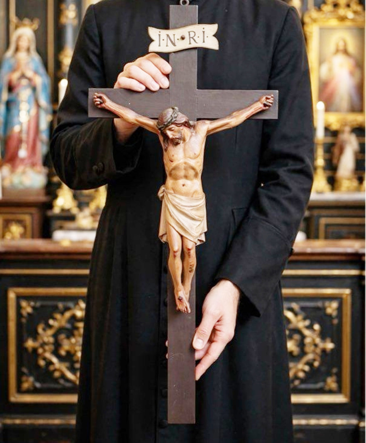 Antique French Church Crucifix, Hand-Carved & Polychromed Christ, 77 × 31 cm, c. 1860