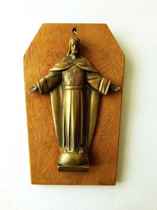 Art-déco-Bronze „Sacred Heart“ von Maria Caullet Nantard, 11,5x8 cm, um 1925, massive Bronze mit eingelassenem Wandhaken