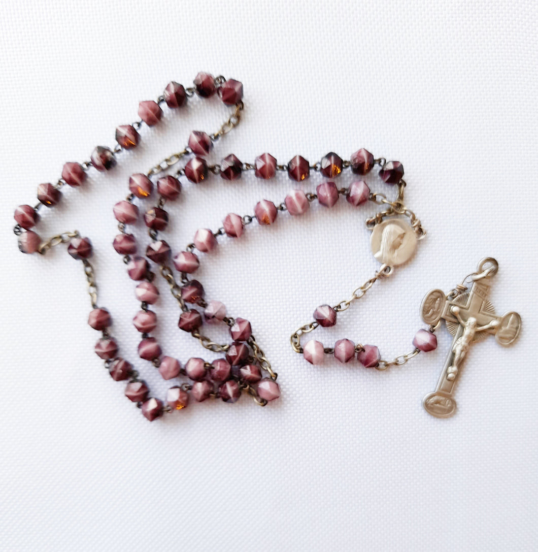 SOLD Antique Lourdes Rosary, Large Hand Cut Amethyst Beads, Solid Silver Trefoil Cross, Link Medal and Chain, Full Five Decade, Late 19th Century
