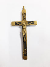 Load image into Gallery viewer, Antique Golgotha Cross Crucifix Handmade With Bronze Corpus Christi, Oak Inlay, Late 17th Early 18th Century, 11.5 cm by 6 cm