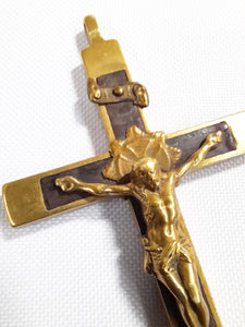 Antique Golgotha Cross Crucifix Handmade With Bronze Corpus Christi, Oak Inlay, Late 17th Early 18th Century, 11.5 cm by 6 cm