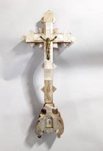 Load image into Gallery viewer, Antique Jerusalem Altar Cross, Olive Wood inlaid Mother of Pearl, 14 Stages Of The Cross , Early 19th Century, Stunning Carving