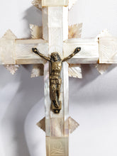 Load image into Gallery viewer, Antique Jerusalem Altar Cross, Olive Wood inlaid Mother of Pearl, 14 Stages Of The Cross , Early 19th Century, Stunning Carving