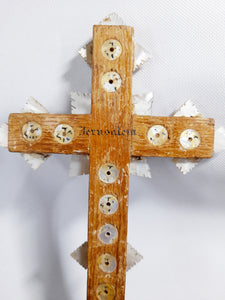 Antique Jerusalem Altar Cross, Olive Wood inlaid Mother of Pearl, 14 Stages Of The Cross , Early 19th Century, Stunning Carving
