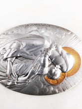 Load image into Gallery viewer, SOLD Holy Water Font, Central Medal Of The Virgin Mary With Jesus By Michail Jampolsky, Solid Silver With Gold Plated, Halos, Circa 1890