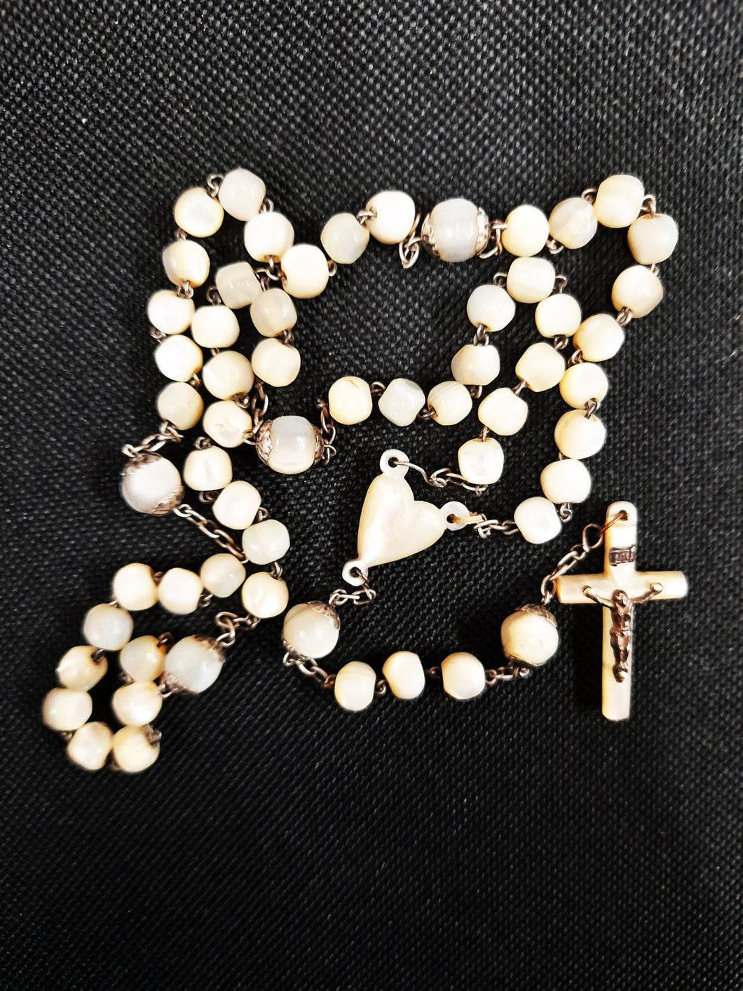 Antique Catholic Rosary, French Rosary, Hand Set Mother of Pearl Beads and Link Heart, Sterling Silver Cross and Chain, Circa 1880