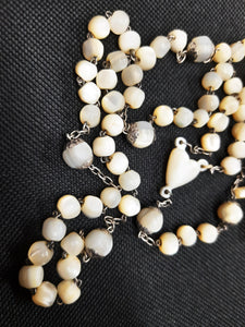 Antique Catholic Rosary, French Rosary, Hand Set Mother of Pearl Beads and Link Heart, Sterling Silver Cross and Chain, Circa 1880
