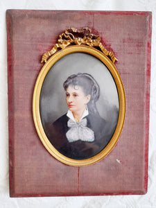 RESERVED FOR DONNA SUE Portrait of a French Noblewoman on Porcelain, 15 x 11 Centimetres, Ornate Ormolu Frame set into Oak With Red Velvet Covering, Circa 1800