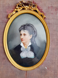 Portrait of a French Noblewoman on Porcelain, 15 x 11 Centimetres, Ornate Ormolu Frame set into Oak With Red Velvet Covering, Circa 1800