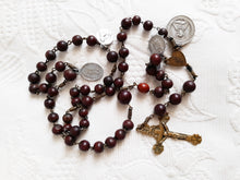 Load image into Gallery viewer, Antique Catholic Rosary, Ebony Beads, 5 Pilgrimage Medals, Bronze Trefoil Cross, 56 Centimetres Long, Circa 1840