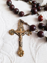 Load image into Gallery viewer, Antique Catholic Rosary, Ebony Beads, 5 Pilgrimage Medals, Bronze Trefoil Cross, 56 Centimetres Long, Circa 1840