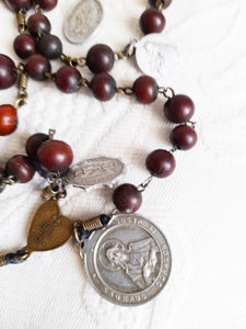 Antique Catholic Rosary, Ebony Beads, 5 Pilgrimage Medals, Bronze Trefoil Cross, 56 Centimetres Long, Circa 1840