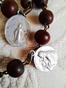 Antique Catholic Rosary, Ebony Beads, 5 Pilgrimage Medals, Bronze Trefoil Cross, 56 Centimetres Long, Circa 1840