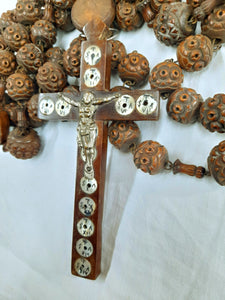 Giant Wooden Bead Rosary, Full Five Decade Wooden Rosary With 19th Century Olive Wood Mother of Pearl Inlaid Cross