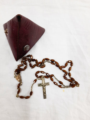 Art Deco Catholic Rosary, Silver Plated Link Medal And Cross, Hand Cut Tiger's Eye Beads circa 1925