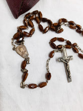 Load image into Gallery viewer, Art Deco Catholic Rosary, Silver Plated Link Medal And Cross, Hand Cut Tiger&#39;s Eye Beads circa 1925
