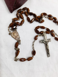 Art Deco Catholic Rosary, Silver Plated Link Medal And Cross, Hand Cut Tiger's Eye Beads circa 1925