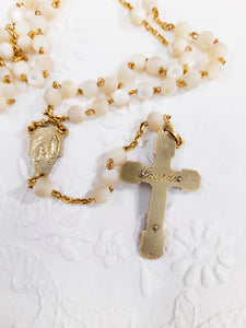 Art Deco Rosary From France With Hand Cut Mother of Pearl Beads and Rolled Gold on Silver Cross, Chain and Medal