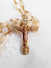 Load image into Gallery viewer, Art Deco Rosary From France With Hand Cut Mother of Pearl Beads and Rolled Gold on Silver Cross, Chain and Medal