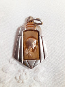SOLD Art Deco Medal By Penin of Lyon Of The Virgin Mary, Rollled Gold On Solid Silver 2.5 x 2 Centimetres, 925 Silver 22 inch Chain circa 1920