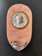Load image into Gallery viewer, Holy Water Font, Silver Medal of The Virgin Mary By Pierre Roche, France, On Marble Base, Hand Cut Crystal, Bronze Back Plate circa 1890