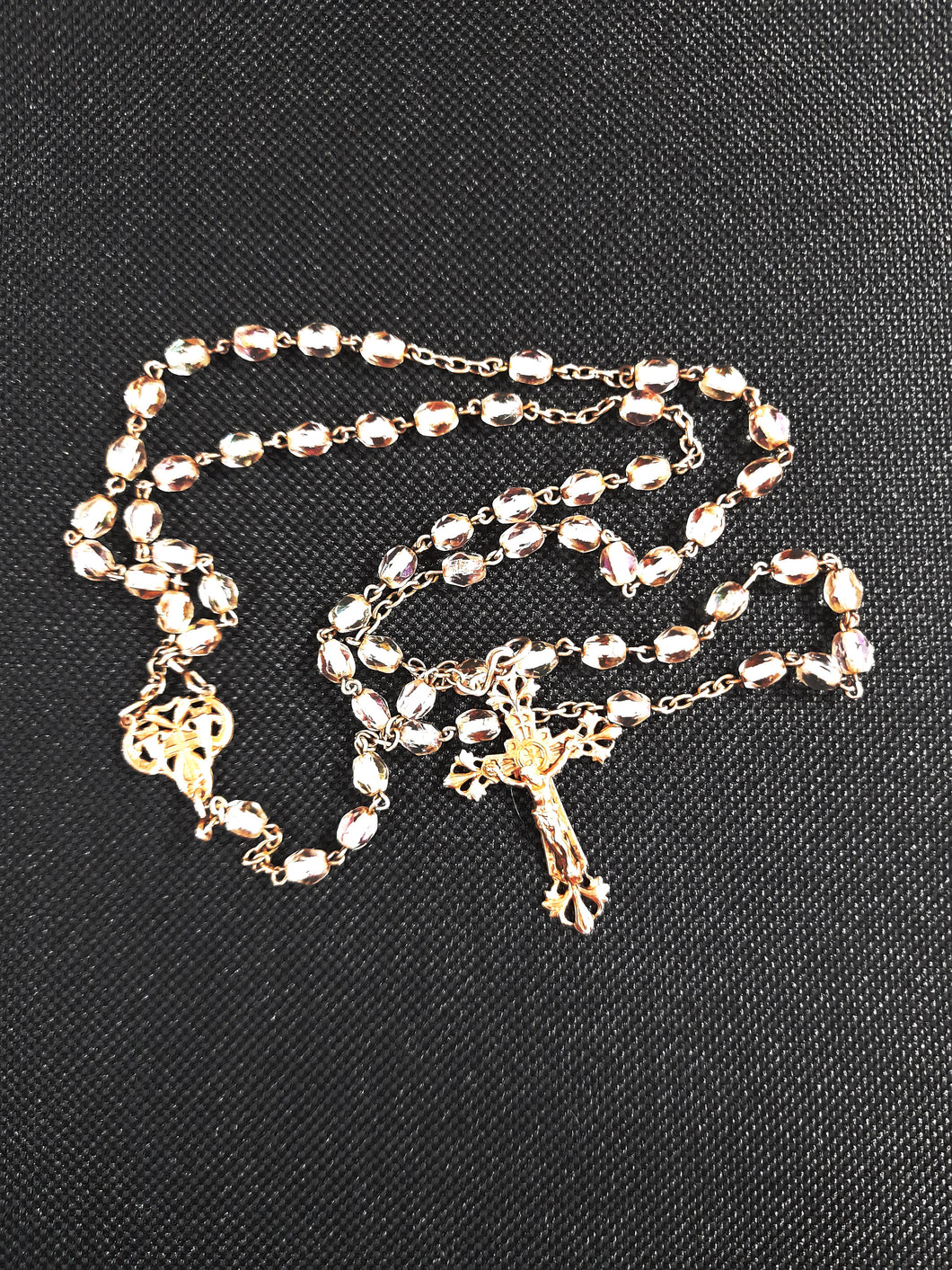 SOLD Antique Silver Rosary, French With Hand Cut Aurora Borealis Beads Five Decade, Original Mother of Pearl Case, By Alfred Eugène Souville 1882