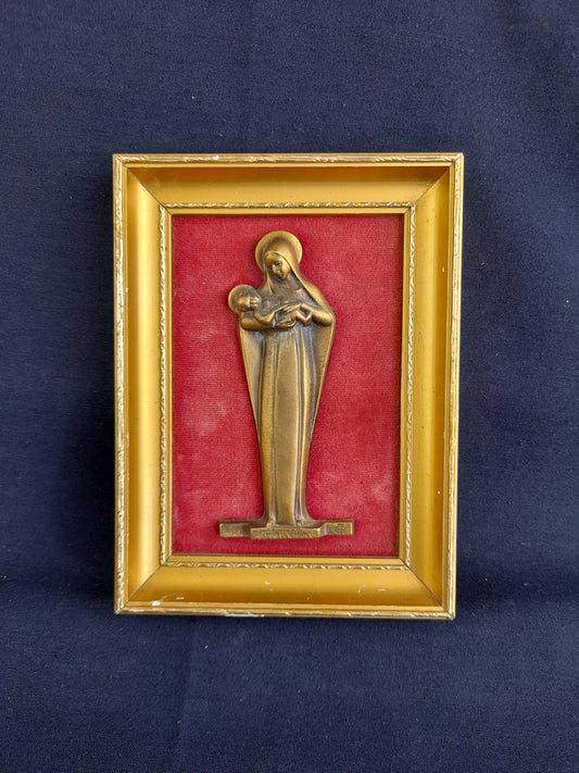 Art-déco-Bronze der Jungfrau Maria von Maria Caullet Nantard, 13 x 4,5 cm, um 1925, massive Bronze, gerahmt