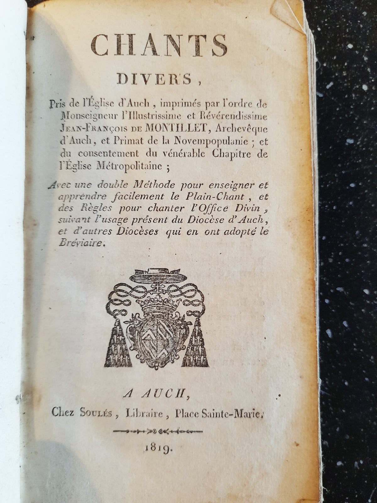 Antico libro di inni francesi in latino, rilegato in pelle, 406 pagine, 1819