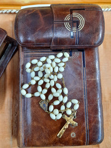 Antique Cased French 1st Communion Set, Leather Prayer Book, Offering Purse With Mother of Pearl Rosary Gold Plated Medal and Cross