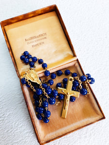 SOLD Antique Catholic Rosary, Hand Carved Lapis Lazuli Beads, 22 Carat Gold Cross Link and Chain, Circa 1880