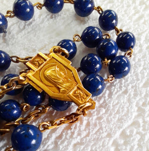SOLD Antique Catholic Rosary, Hand Carved Lapis Lazuli Beads, 22 Carat Gold Cross Link and Chain, Circa 1880