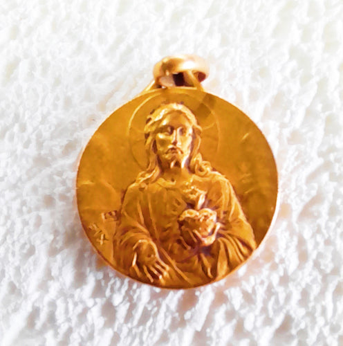 SOLD Sacred Heart Medal 22 carat Rolled Gold, French FIX, Circa 1910, 2.2 centimetre diameter, 2.2 grams Rare Our Lady of the Rosary Medal