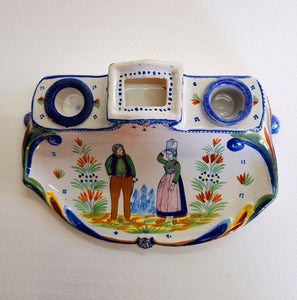 Henriot Quimper Ink Well Set, With Pen Tray, French Faience, circa 1922 30x17x9 Centimetres