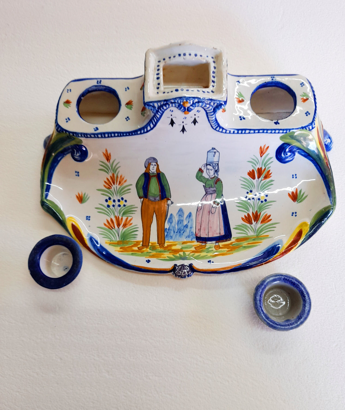 Henriot Quimper Faience Inkwell Set with Pen Tray, c. 1922