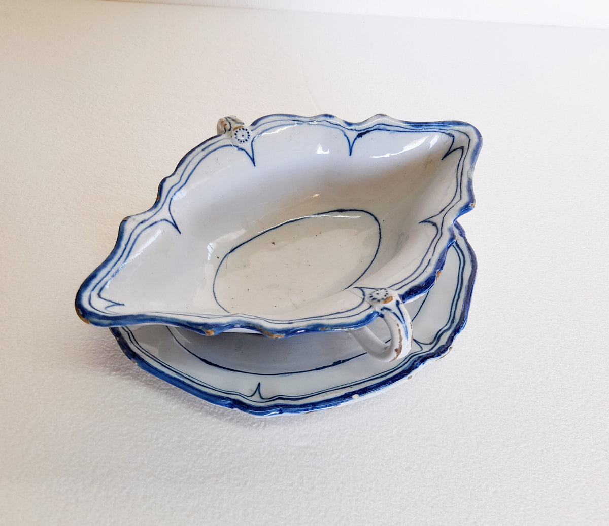 Antique La Rochelle Faience Sauce Boat & Matching Dish, c. 1740