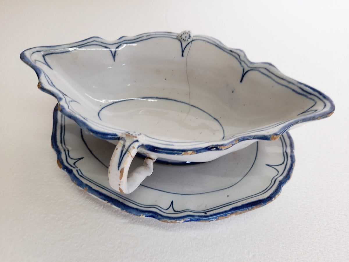 Antique La Rochelle Faience Sauce Boat & Matching Dish, c. 1740