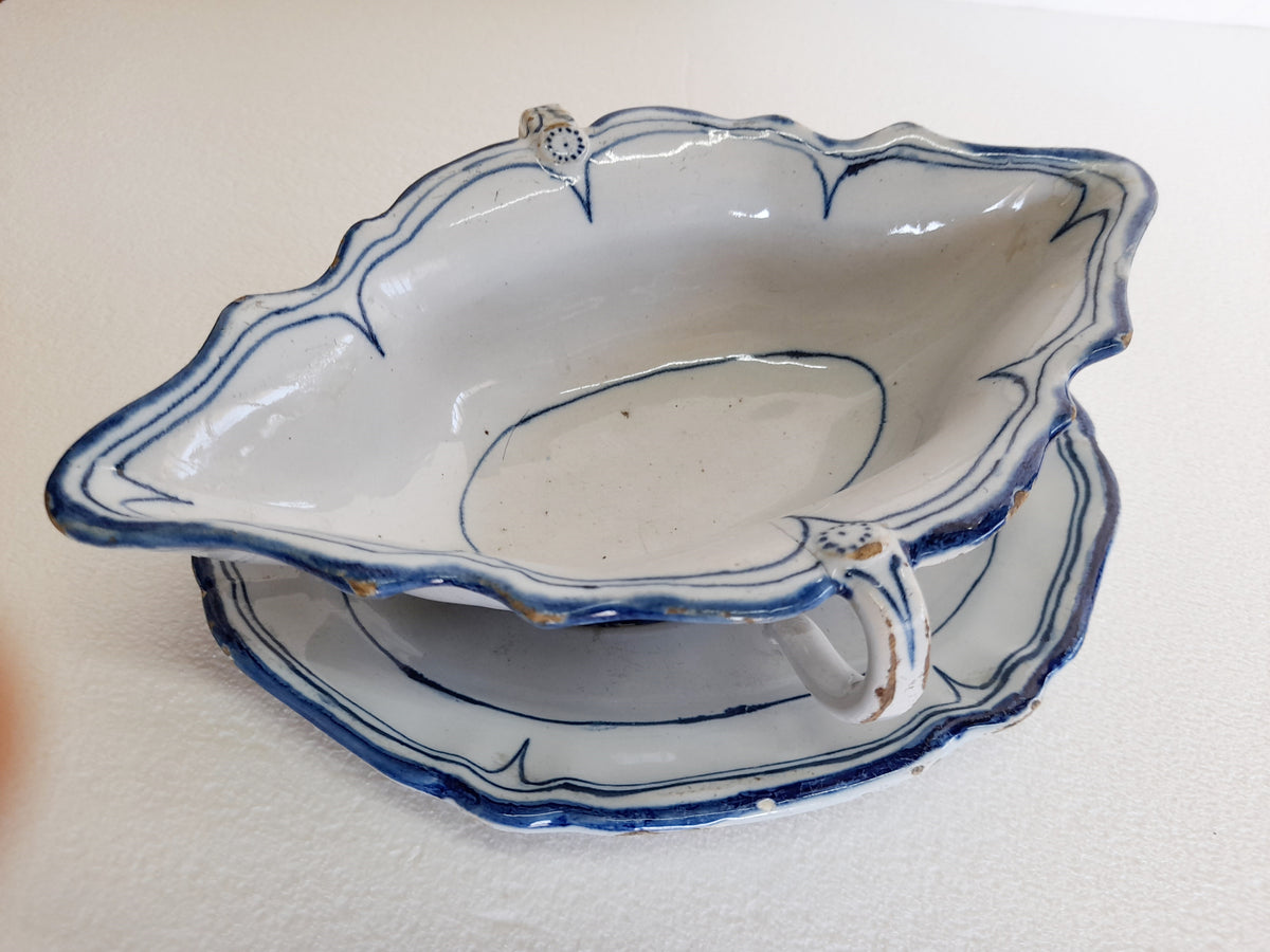 Antique La Rochelle Faience Sauce Boat & Matching Dish, c. 1740