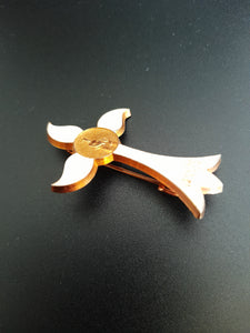 Vannes Pilgrimage Brooch By Arthus Bertrand Of Paris Circa 1920, Gold Plated White Enamel 5x3.5 Centimetres